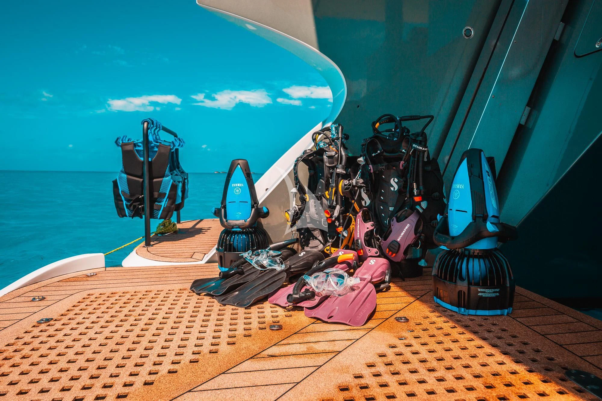 a group of objects on a table aboard SAMARA Yacht for Charter