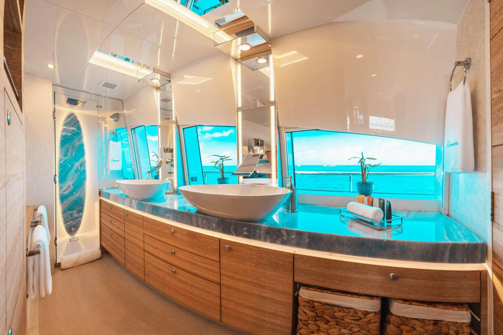 a bathroom with a large countertop aboard SAMARA Yacht for Charter