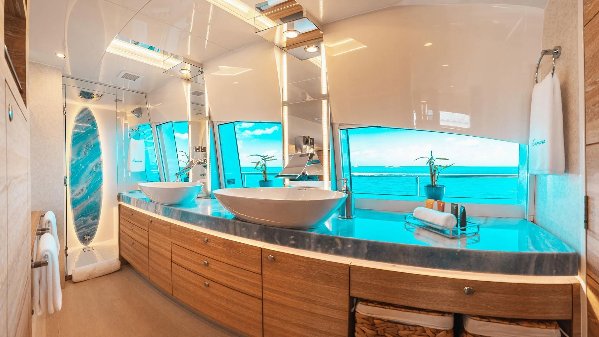 a bathroom with a large mirror aboard SAMARA Yacht for Charter
