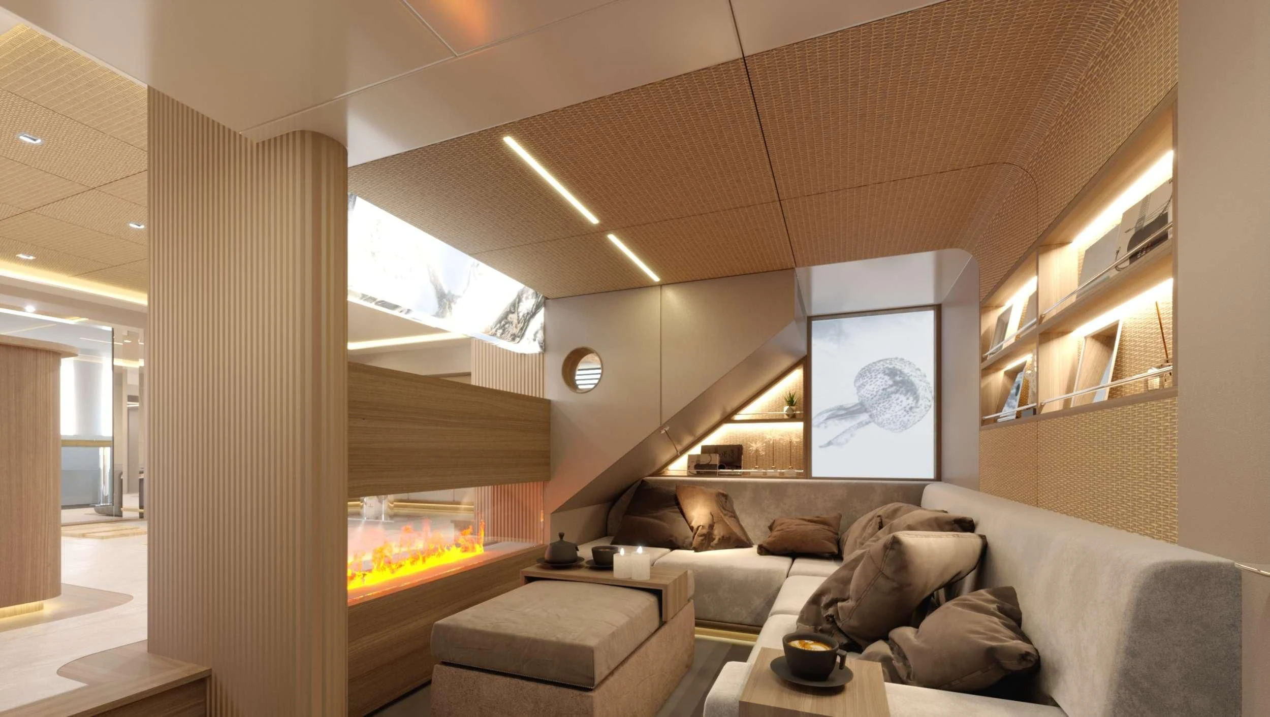 a living room with a couch and a tv aboard SAMARA Yacht for Charter