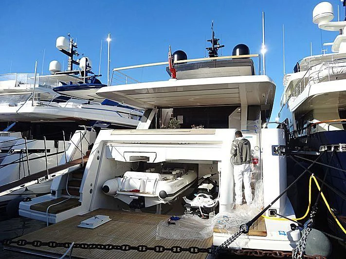 a boat docked at a pier aboard OCTAVE Yacht for Sale