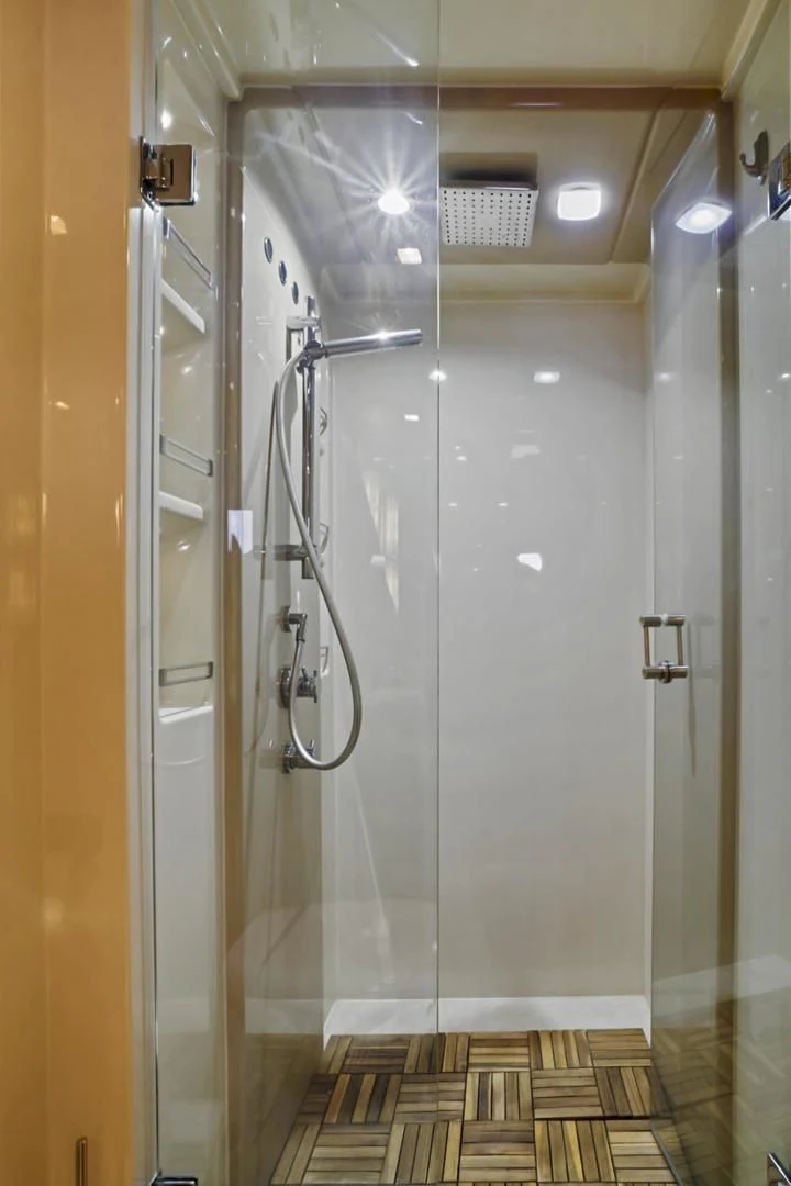 a shower with a glass door aboard WICKED Yacht for Sale