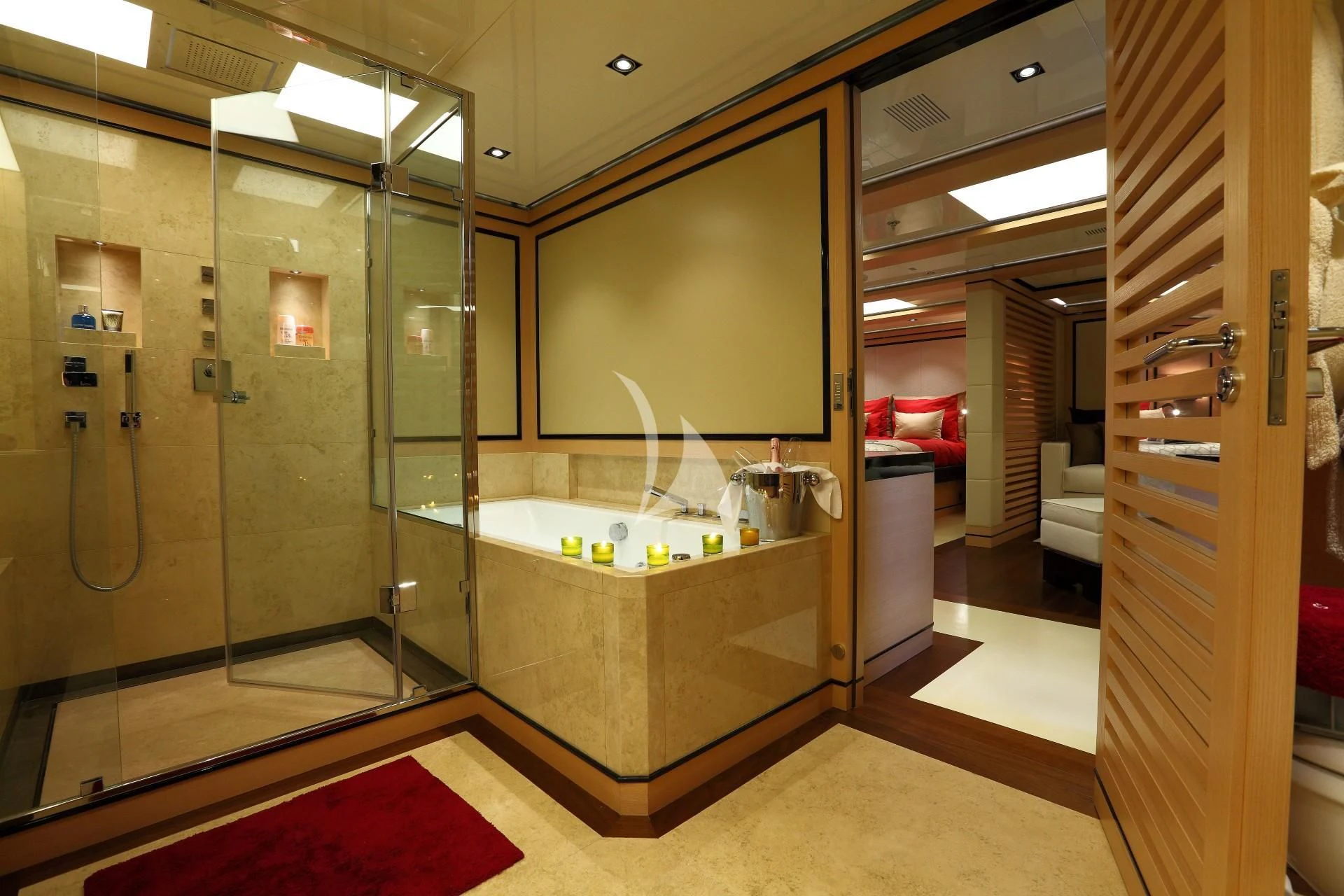 a bathroom with a large glass shower aboard 2 LADIES Yacht for Sale
