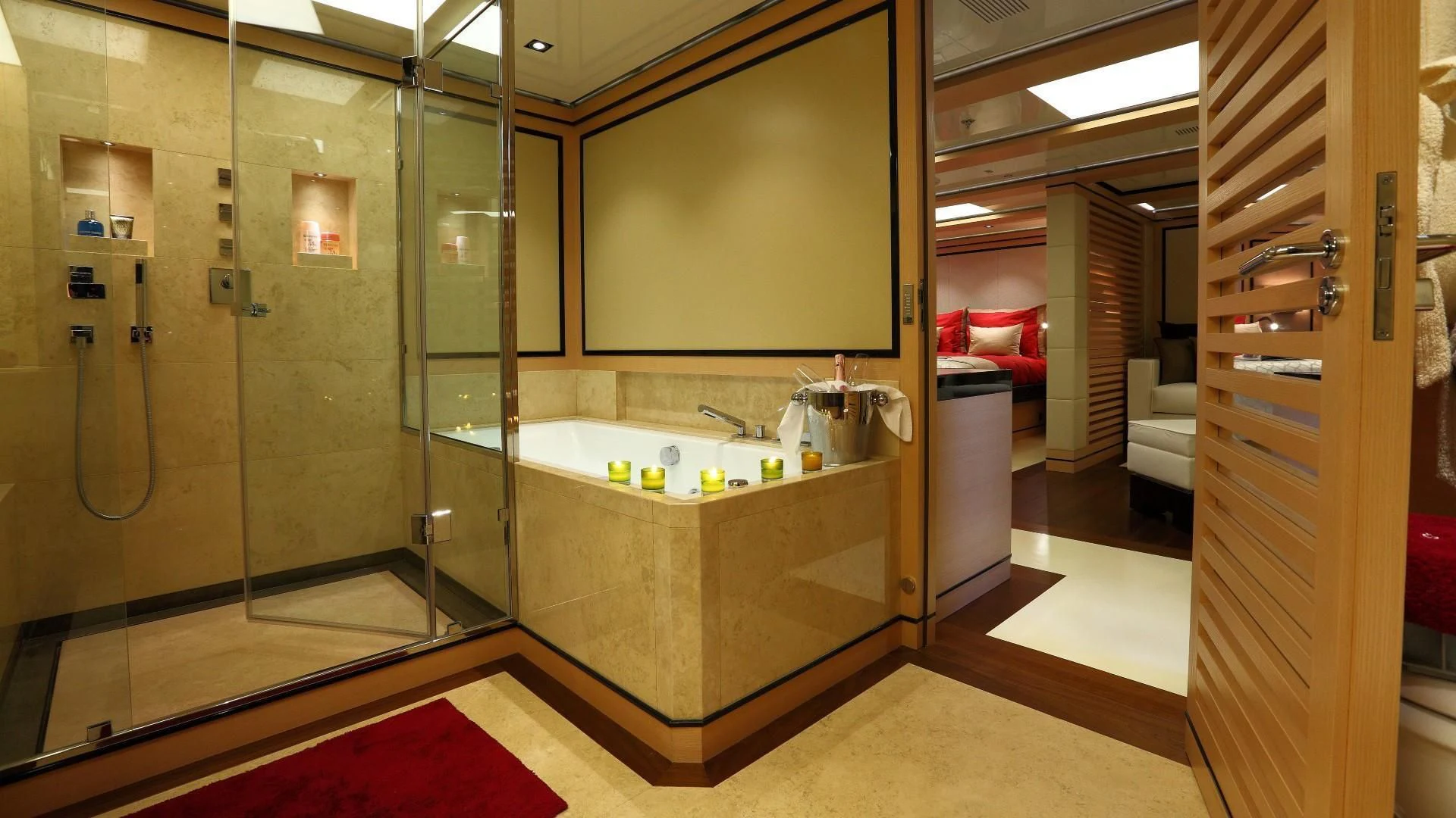a bathroom with a large glass shower aboard 2 LADIES Yacht for Sale