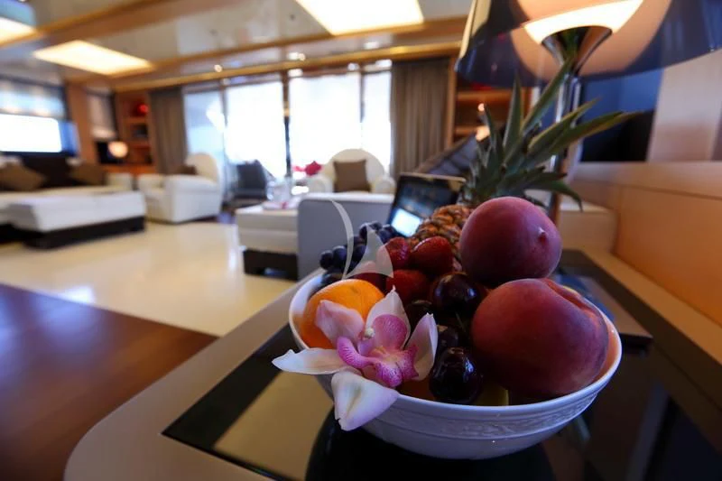 a bowl of fruit on a table aboard 2 LADIES Yacht for Sale