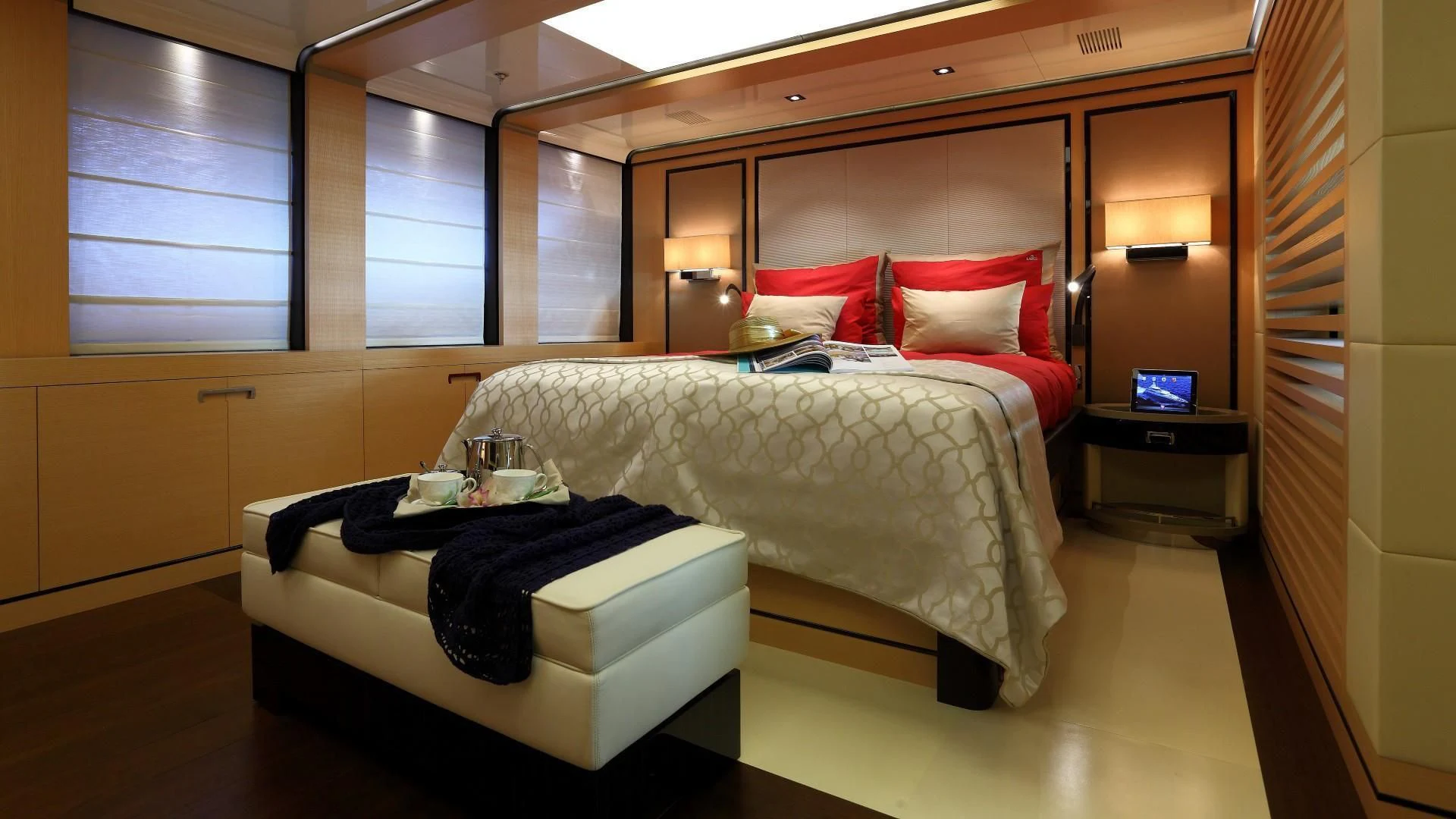 a room with a bed and a desk aboard 2 LADIES Yacht for Sale