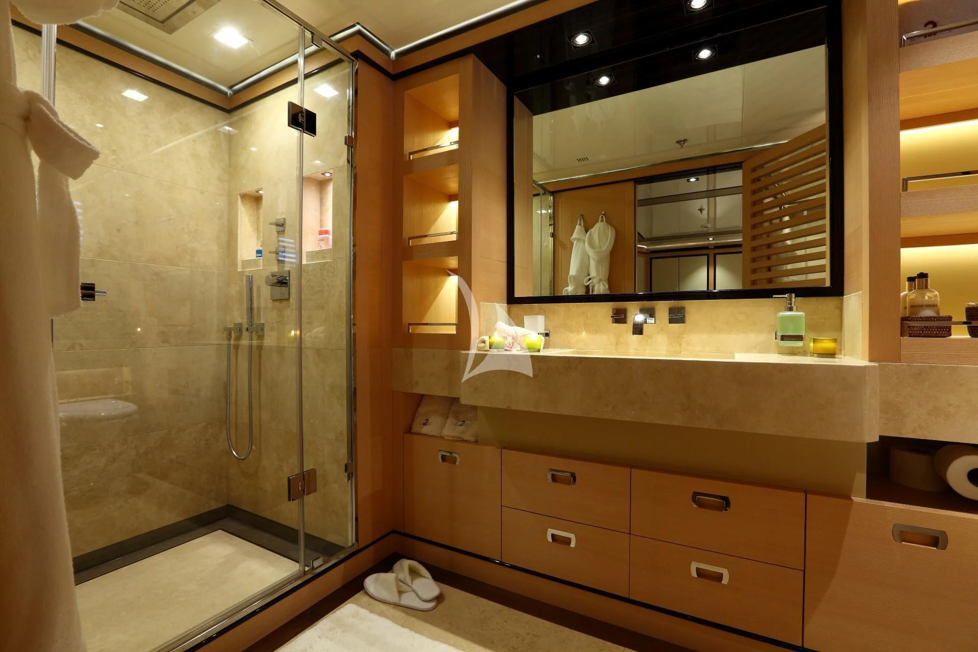 a bathroom with a large mirror aboard 2 LADIES Yacht for Sale
