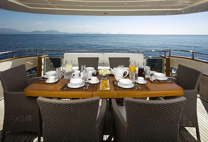 a table with plates and glasses on it aboard VYNO Yacht for Sale