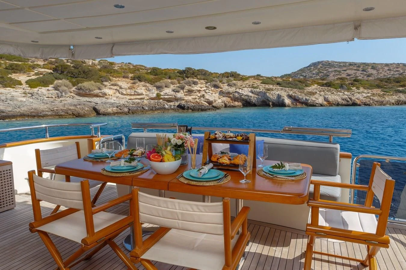 a table with food on it aboard VYNO Yacht for Sale