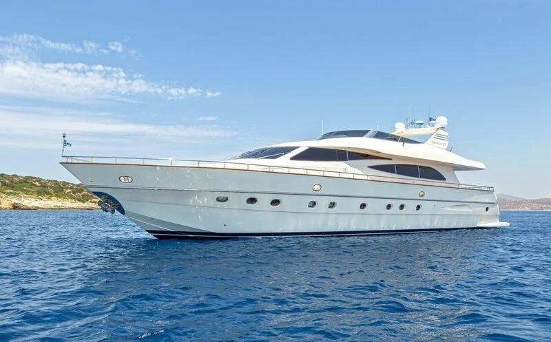 a white yacht on the water aboard VYNO Yacht for Sale