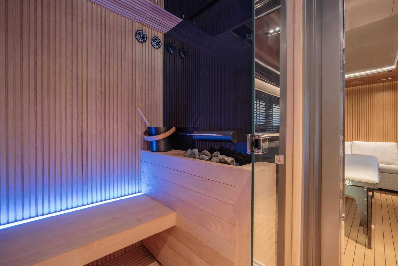 a room with a wood floor and a window with a pink wall aboard LA VIE Yacht for Sale