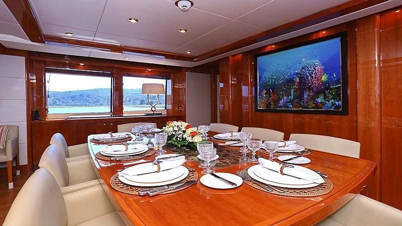 a dining table with plates and glasses aboard YVONNE Yacht for Sale