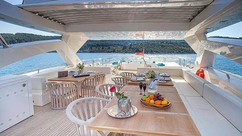 a patio with a table and chairs aboard YVONNE Yacht for Sale