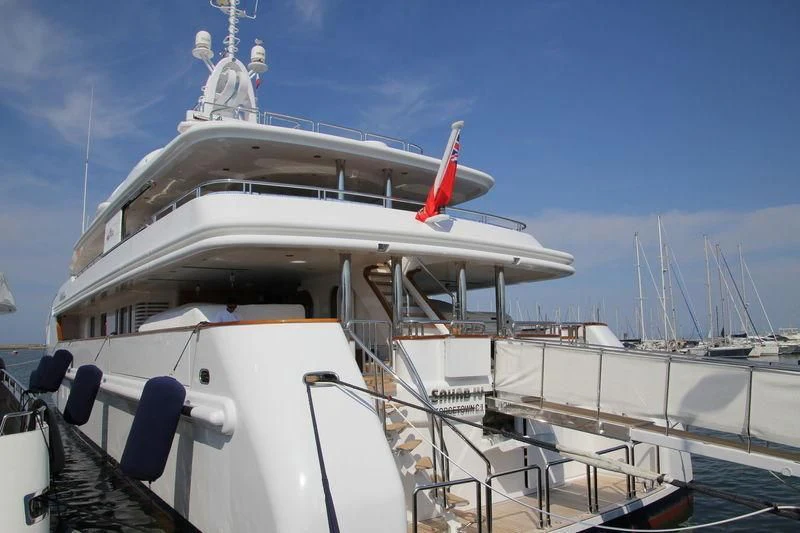 a large white boat with a propeller aboard SAHAB IV Yacht for Sale
