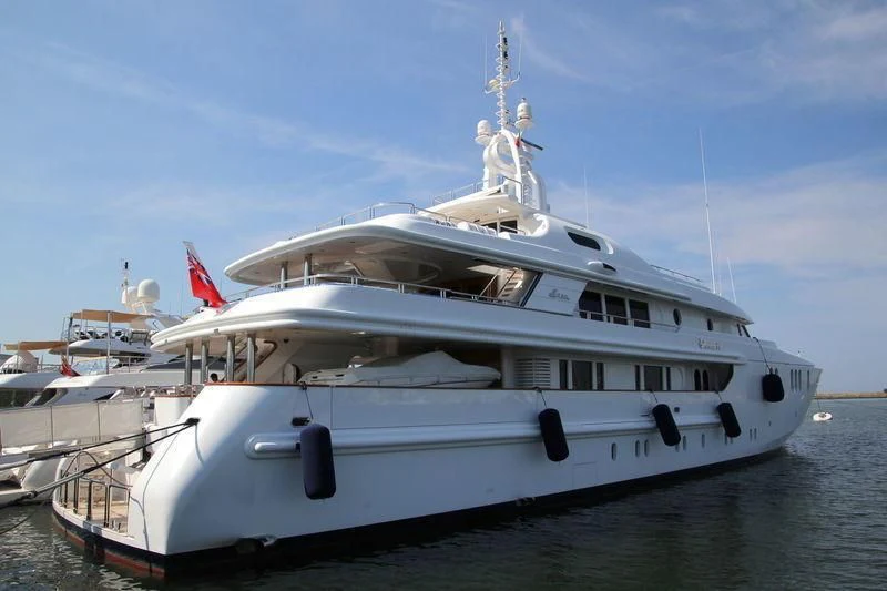 a large white boat aboard SAHAB IV Yacht for Sale
