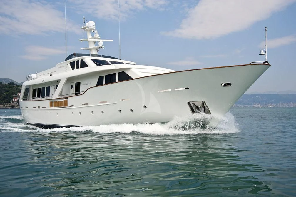 a white boat on the water aboard MRS. WHITE Yacht for Sale
