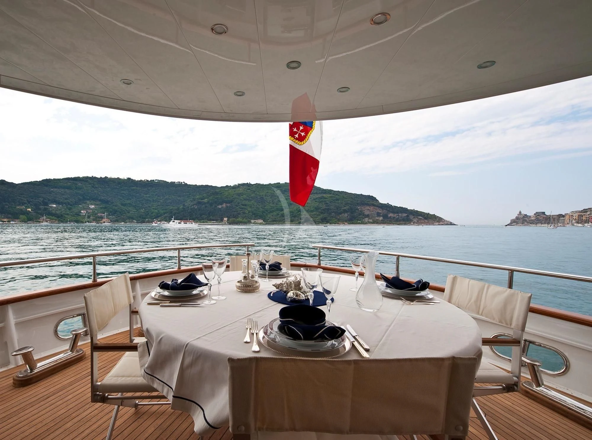a table on a boat aboard MRS. WHITE Yacht for Sale