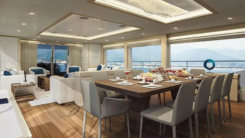 a large room with tables and chairs aboard GOLD STAR Yacht for Charter