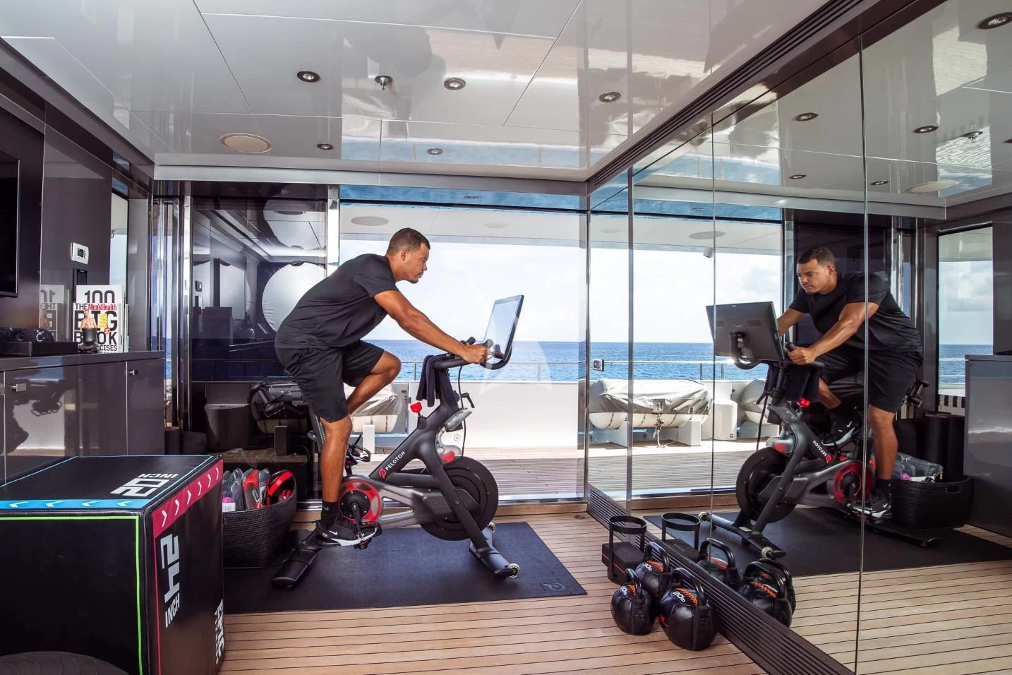 a man and a woman working out in a gym aboard ETERNITY Yacht for Sale