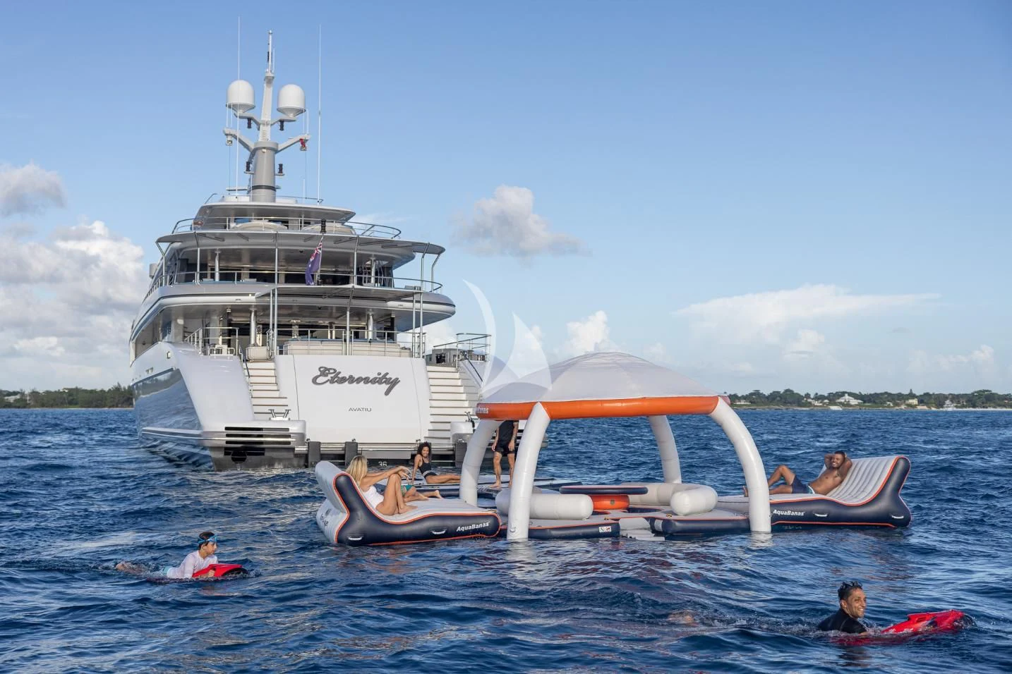 a group of people in a boat aboard ETERNITY Yacht for Sale