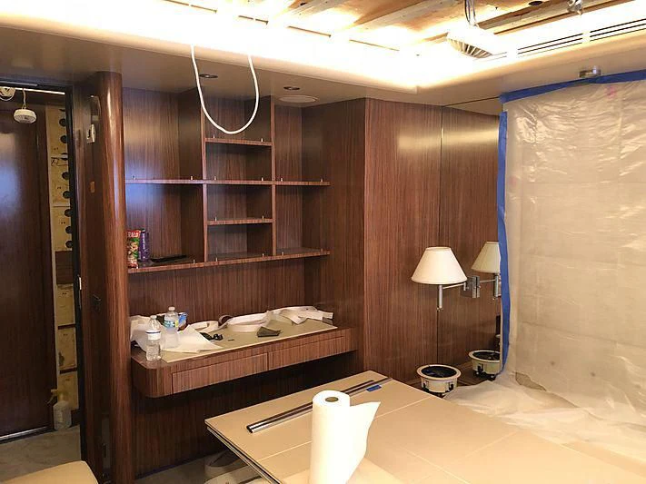 a bathroom with a large mirror aboard ETERNITY Yacht for Sale