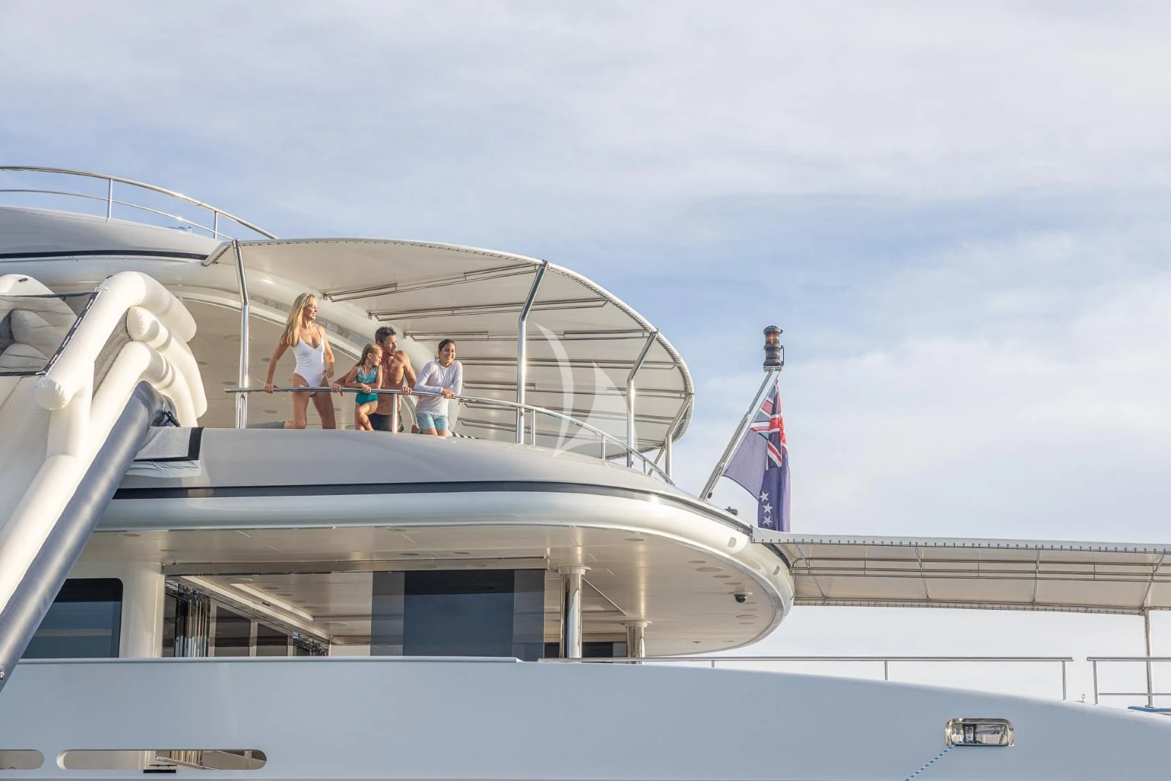 a group of people walking on a building aboard ETERNITY Yacht for Sale