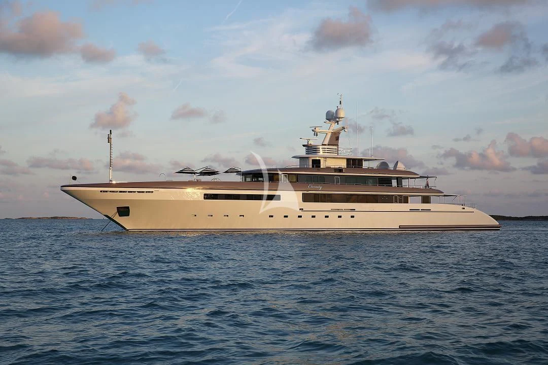 a large white ship in the water aboard ETERNITY Yacht for Sale