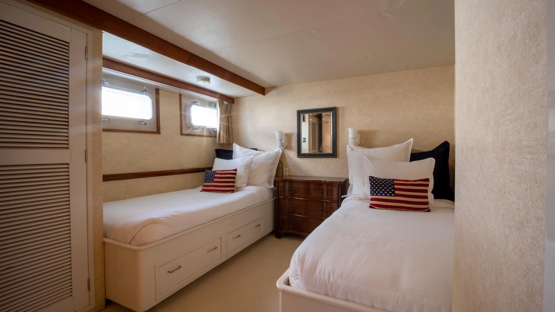 a room with two beds aboard SEA CZAR Yacht for Sale
