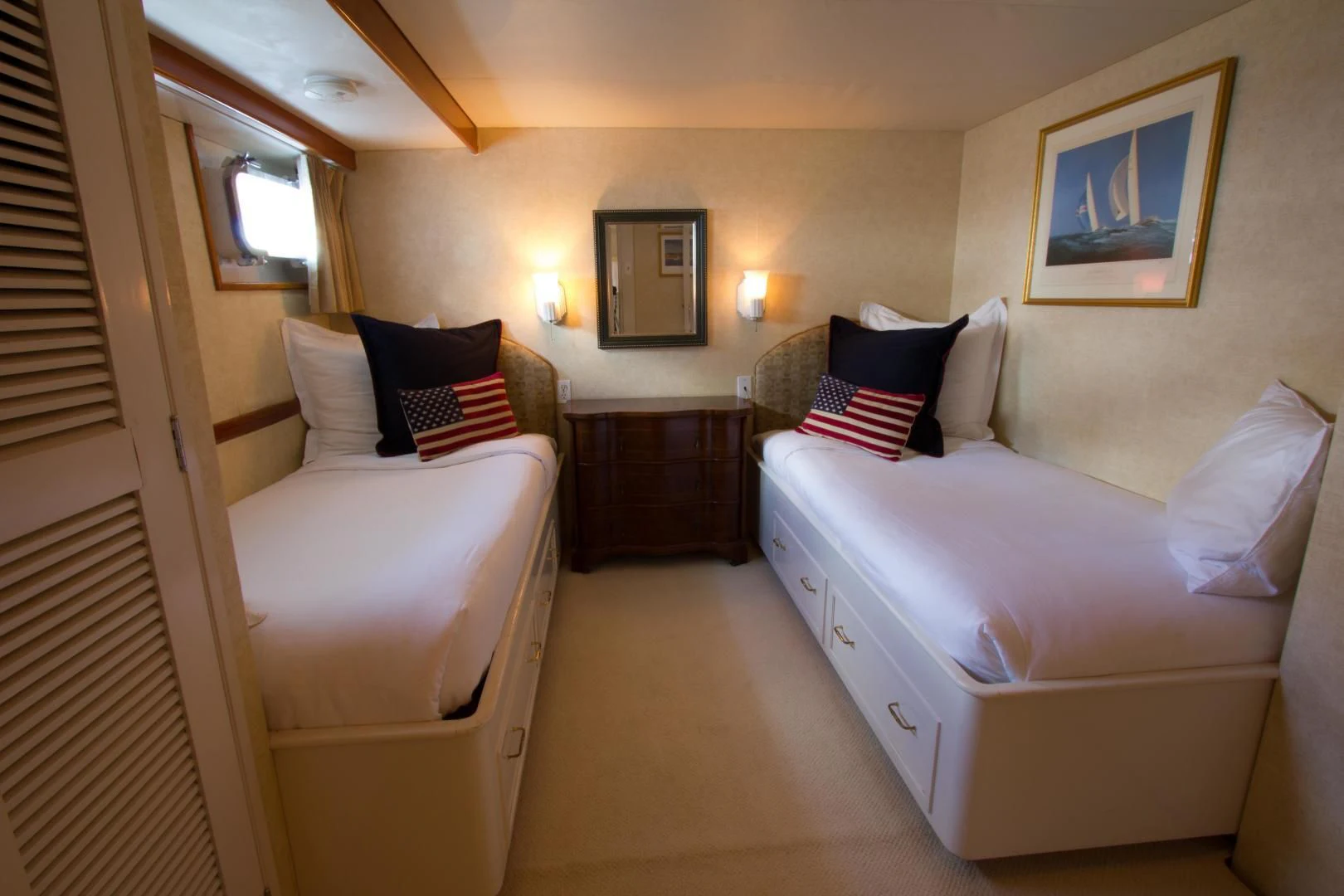 a room with two beds aboard SEA CZAR Yacht for Sale