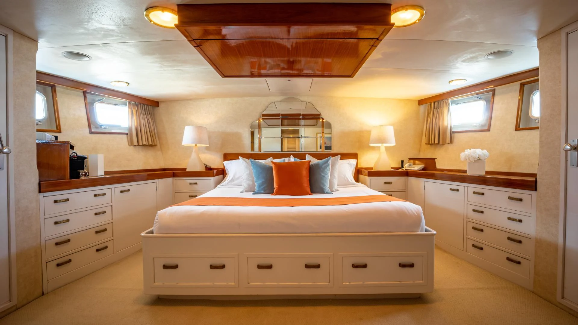 a large bed in a room aboard SEA CZAR Yacht for Sale