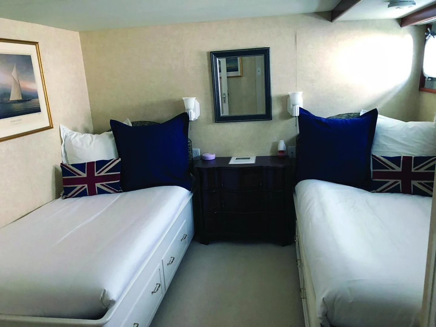 a room with two beds aboard SEA CZAR Yacht for Sale