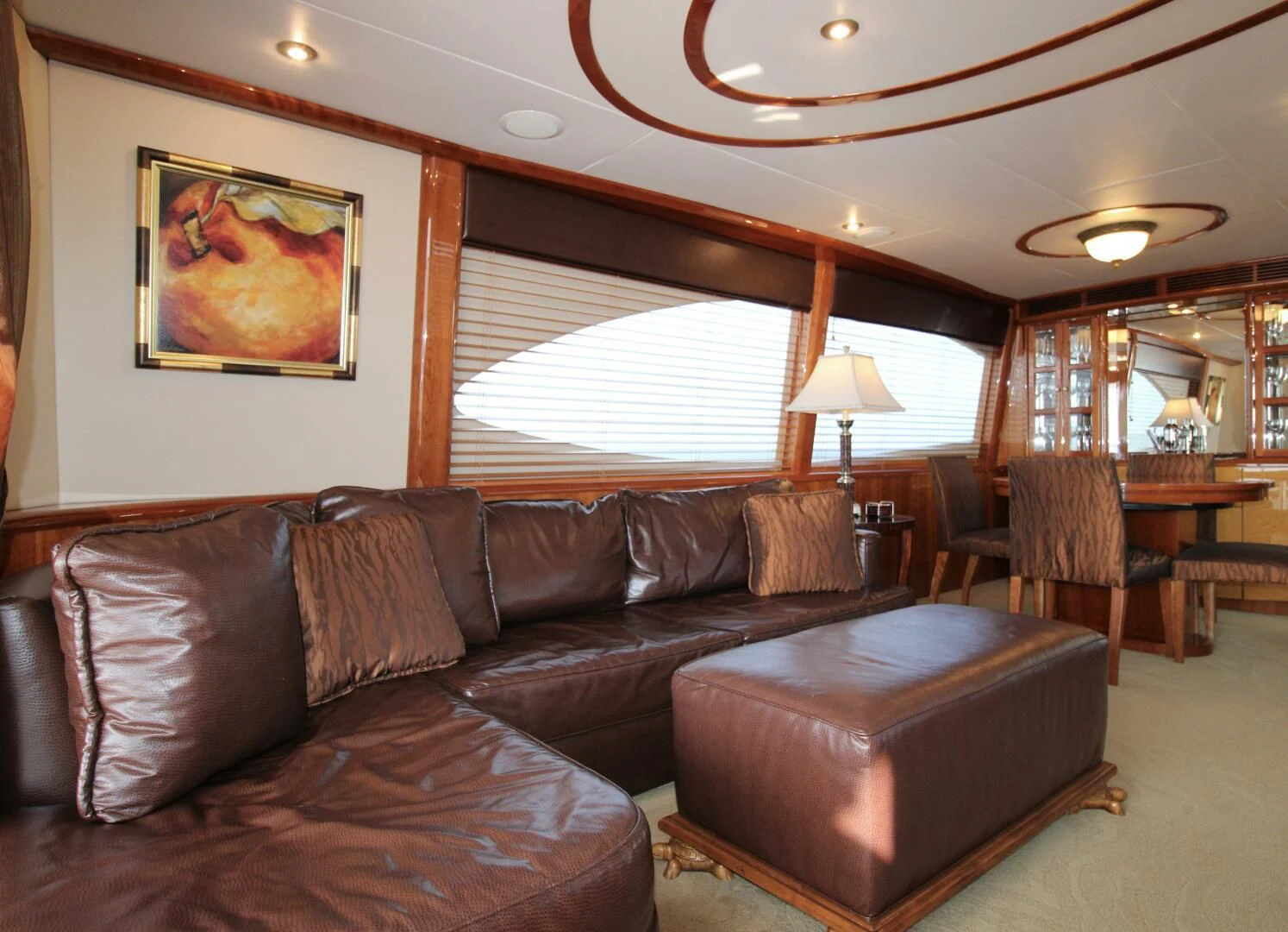 a living room with leather couches aboard KATHLEEN Yacht for Sale