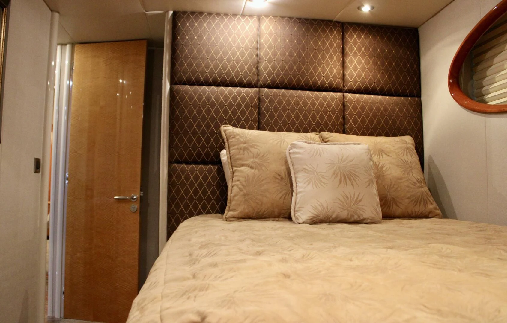 a bed with pillows aboard KATHLEEN Yacht for Sale