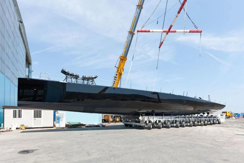 a large crane on a building aboard V Yacht for Sale