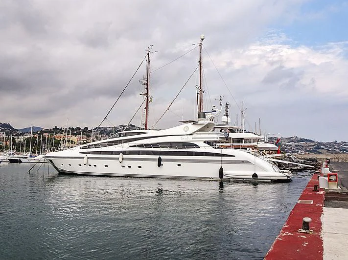 a white boat docked aboard SAMJA Yacht for Sale