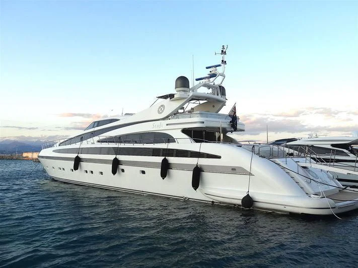 a white yacht on the water aboard SAMJA Yacht for Sale