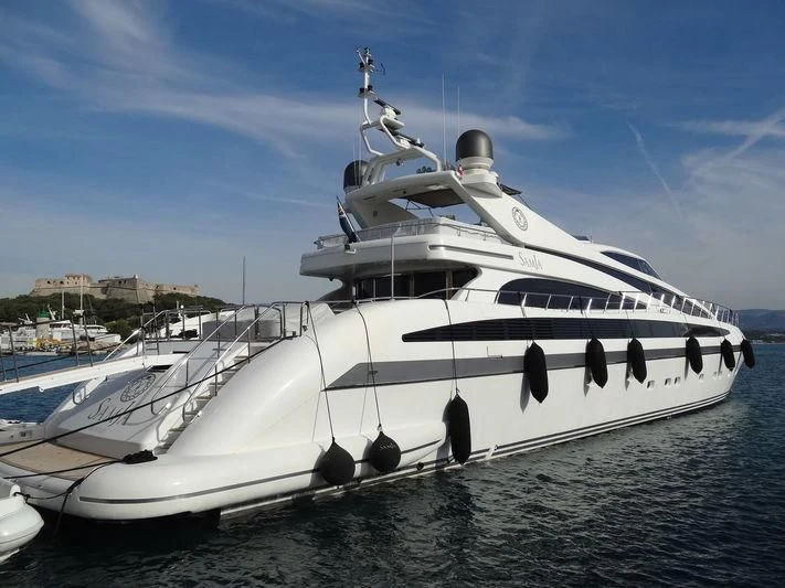 a large white boat on the water aboard SAMJA Yacht for Sale