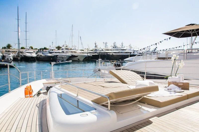 a boat docked at a pier aboard CAROBELLE Yacht for Sale