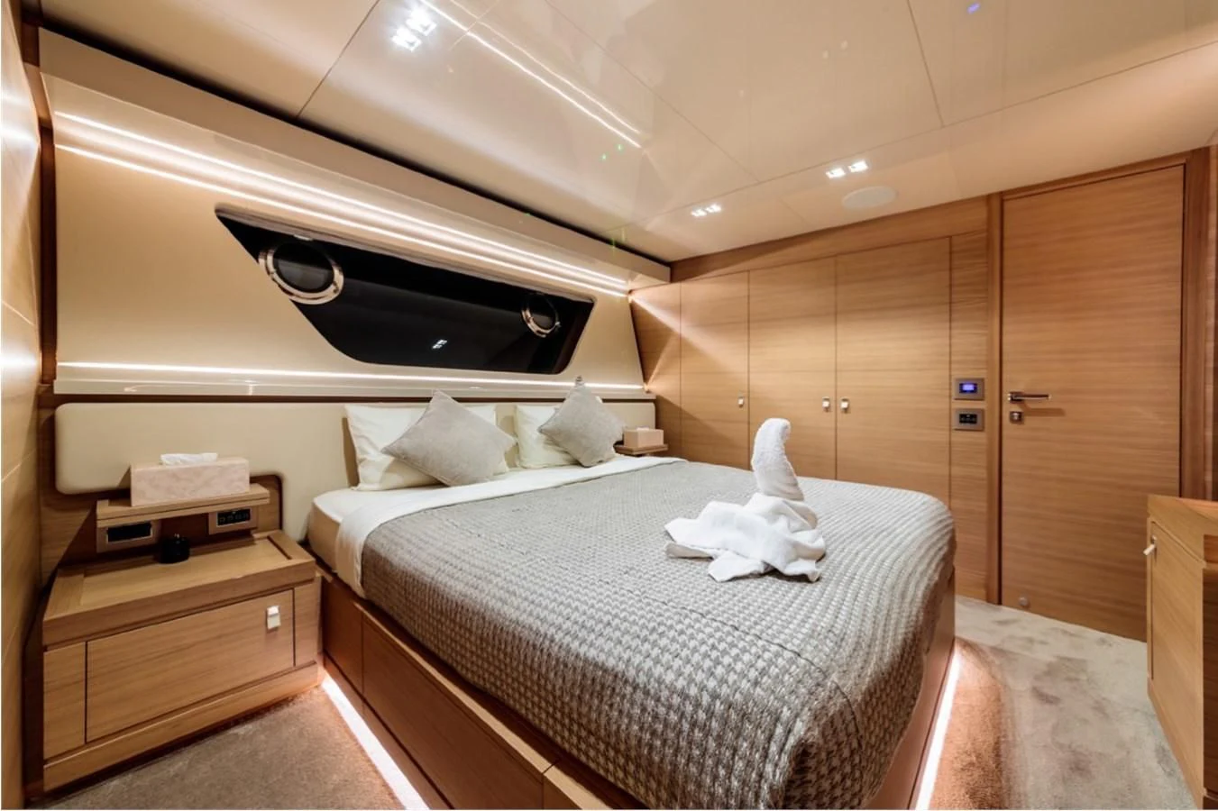 a bed in a room aboard SEVEN Yacht for Sale
