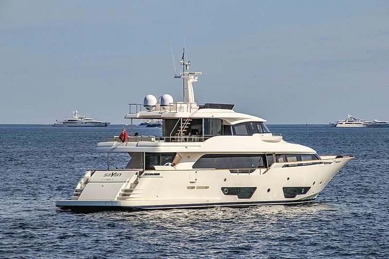 a white yacht in the water aboard SEVEN Yacht for Sale