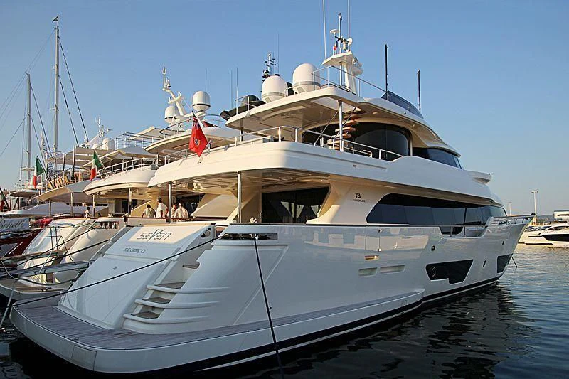 a large white boat aboard SEVEN Yacht for Sale