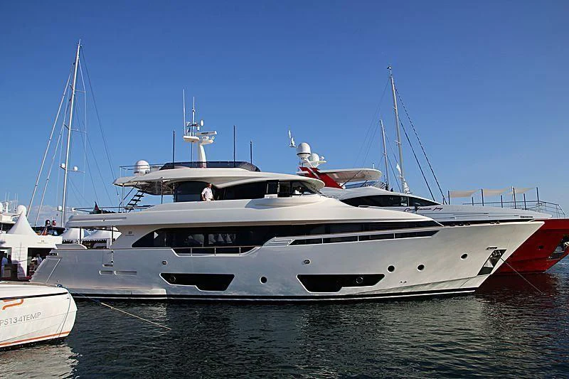 a large white boat in the water aboard SEVEN Yacht for Sale