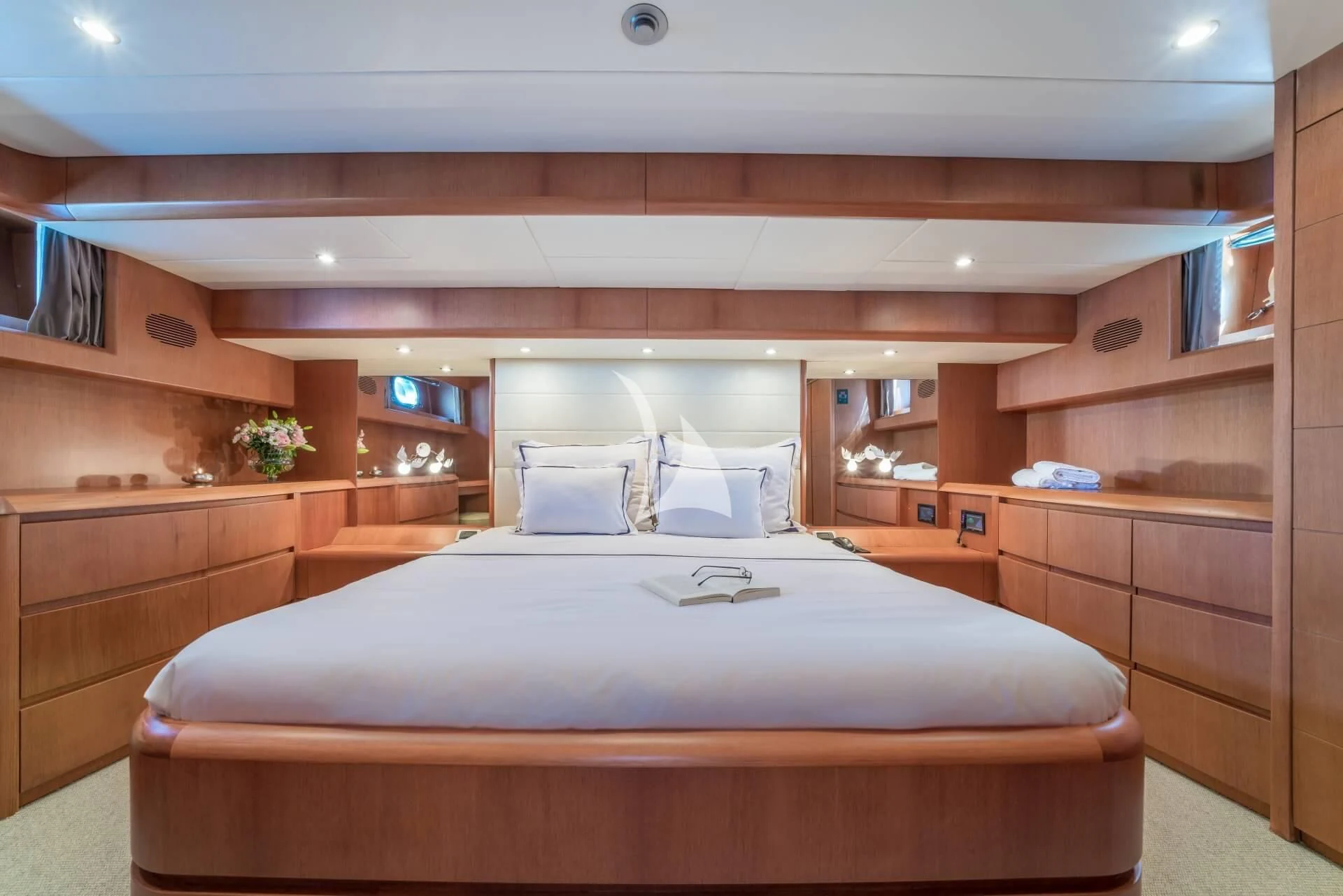 a bed in a room aboard JANTAR Yacht for Charter