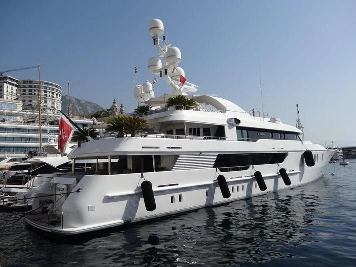 a large white boat with flags on it aboard SEAHORSE Yacht for Sale