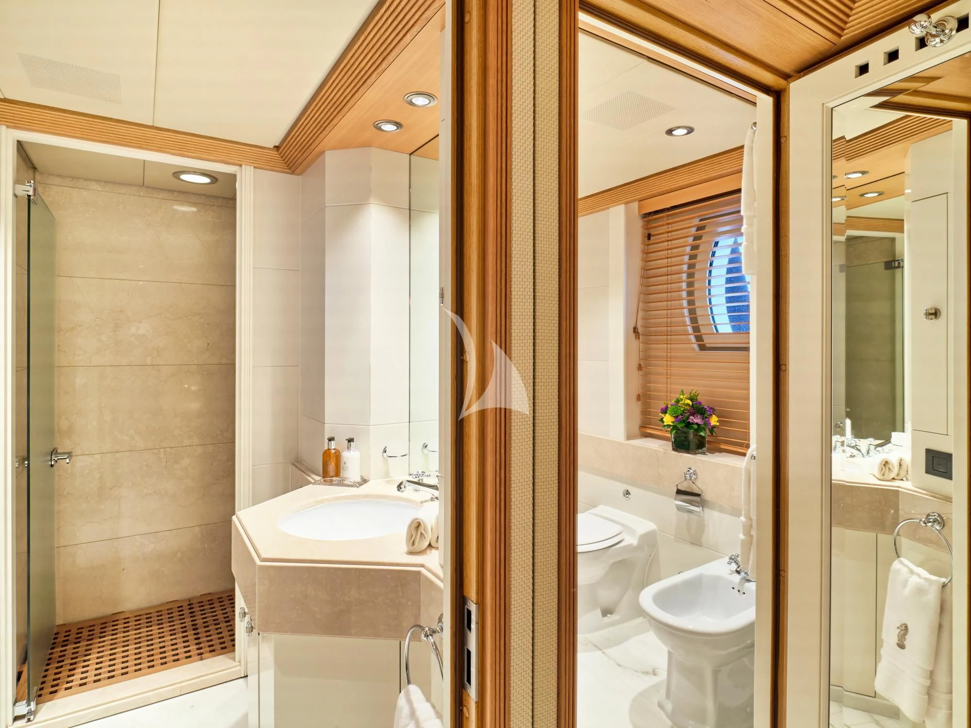 a bathroom with a large mirror aboard SEAHORSE Yacht for Sale