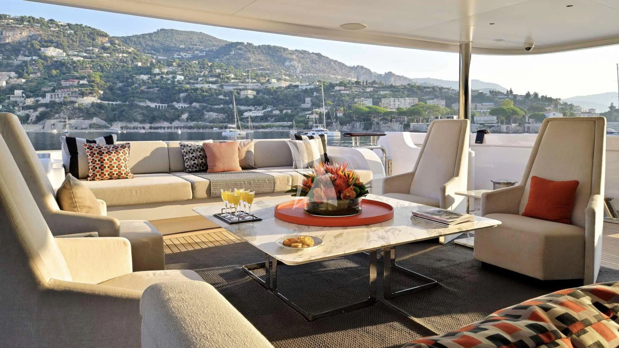 a living room with a large window aboard SEAHORSE Yacht for Sale