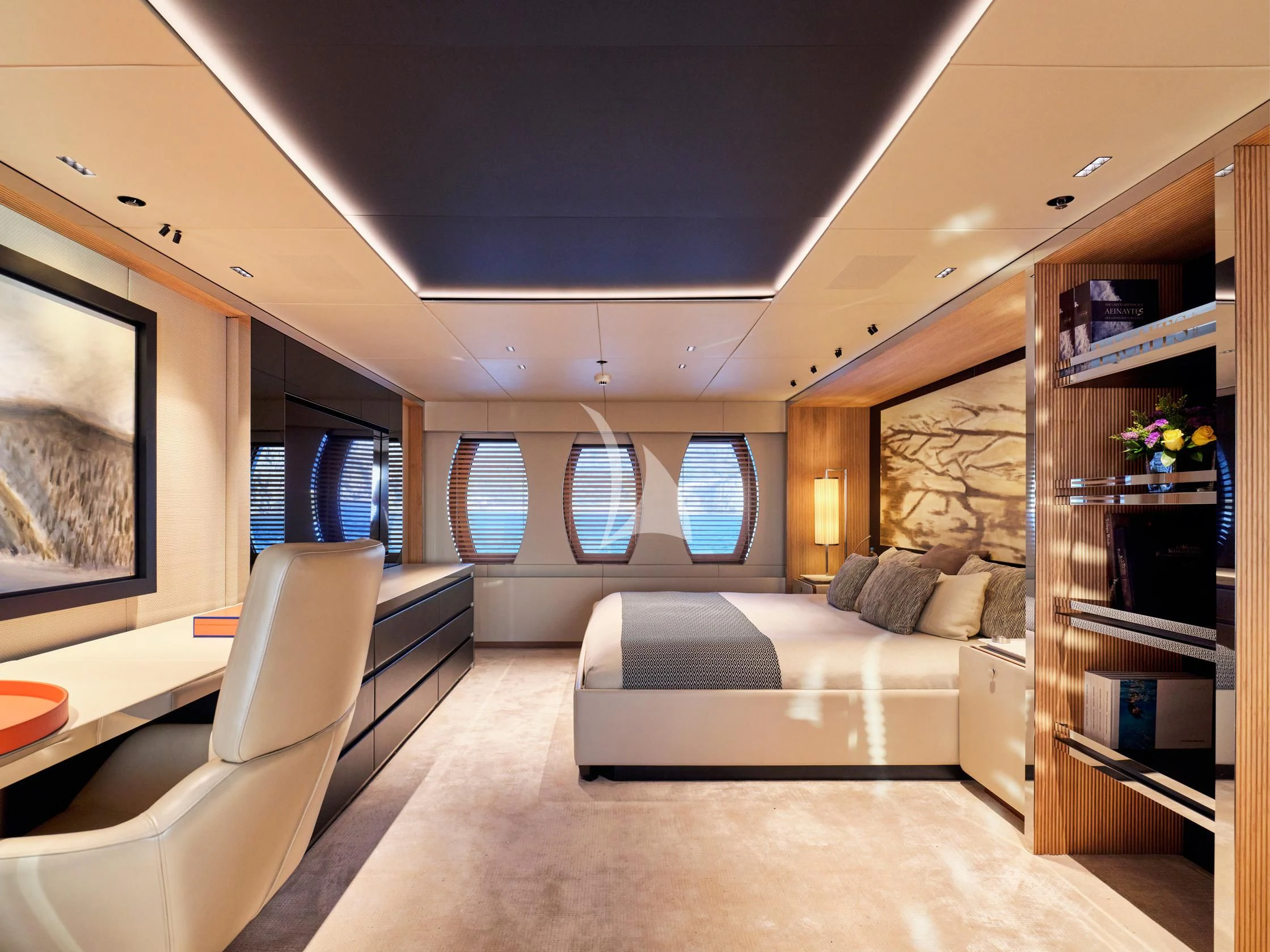 a living room with a large window aboard SEAHORSE Yacht for Sale