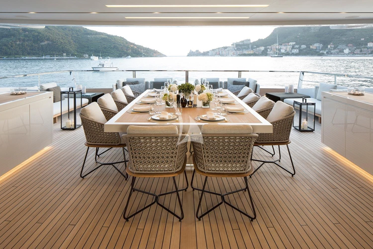 a table set for a meal aboard SEVEN SINS Yacht for Sale