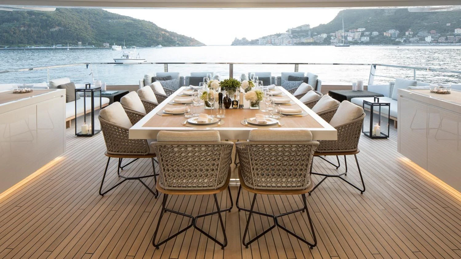 a table set for a meal aboard SEVEN SINS Yacht for Sale