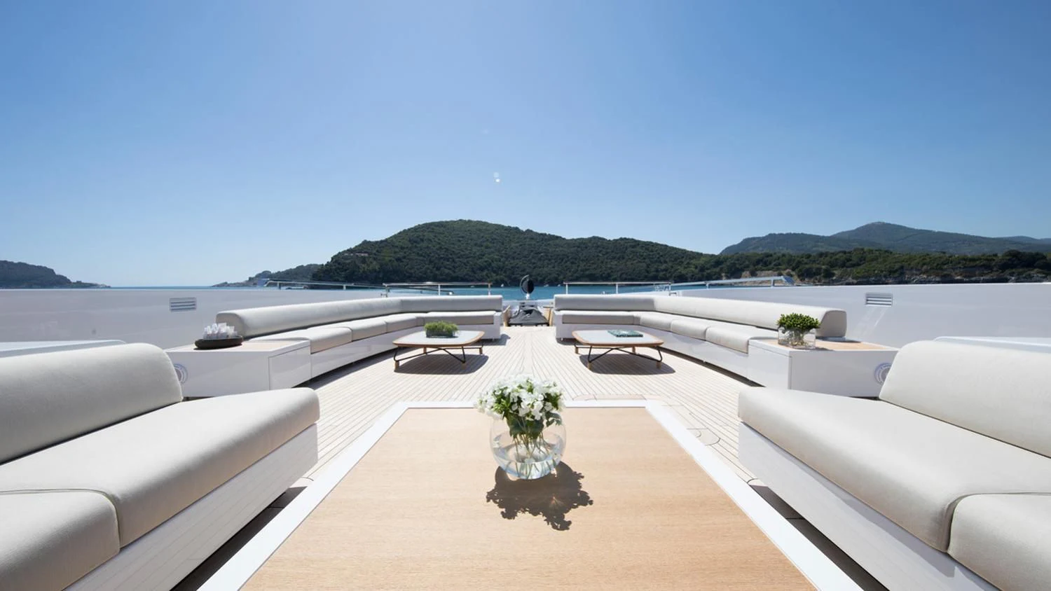 a large white room with a pool and a plant in it aboard SEVEN SINS Yacht for Sale